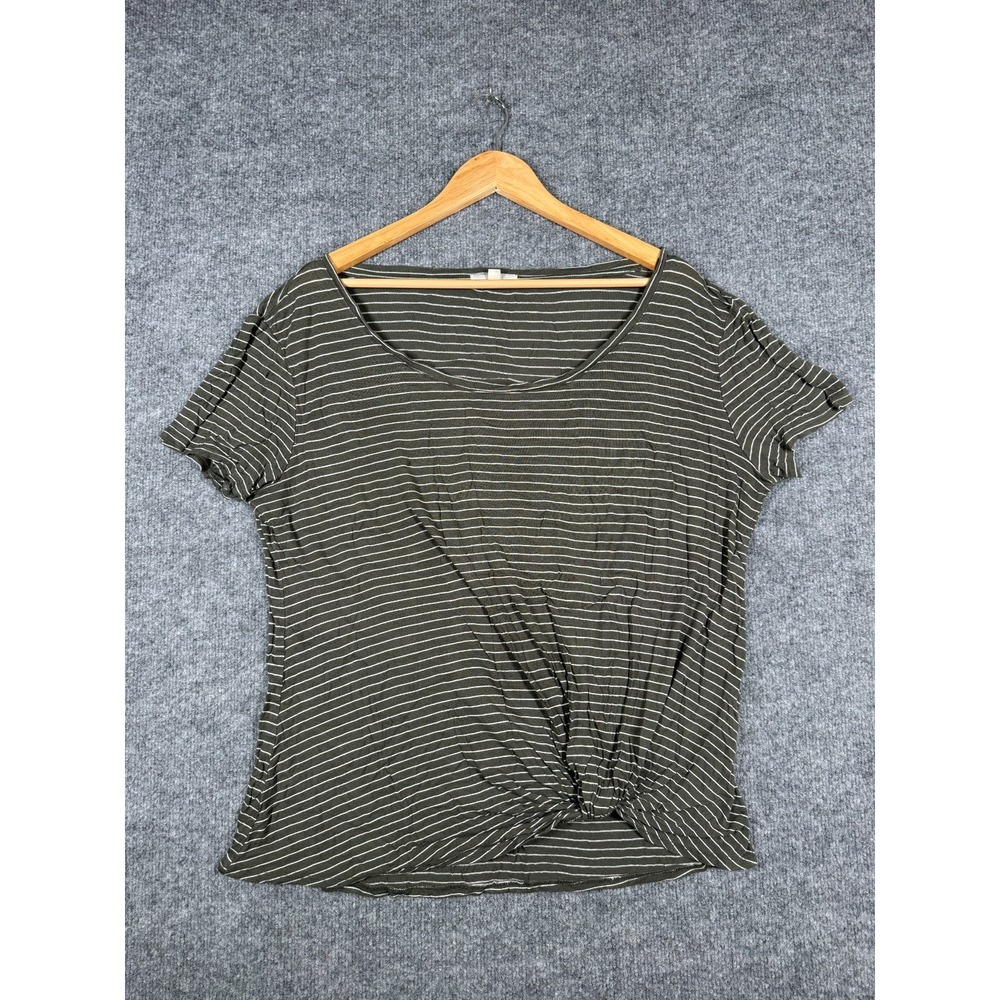 Nine Britton T-Shirt Top Womens Large Olive Green White Striped Rayon Twist Hem